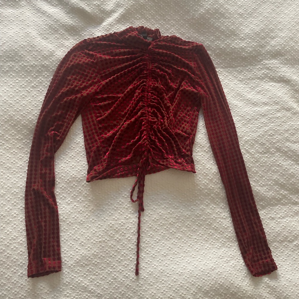 Mesh checkered long sleeve crop top
